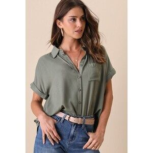 Lulus Blythe Olive Green Short Sleeve Button-up Top - Size M